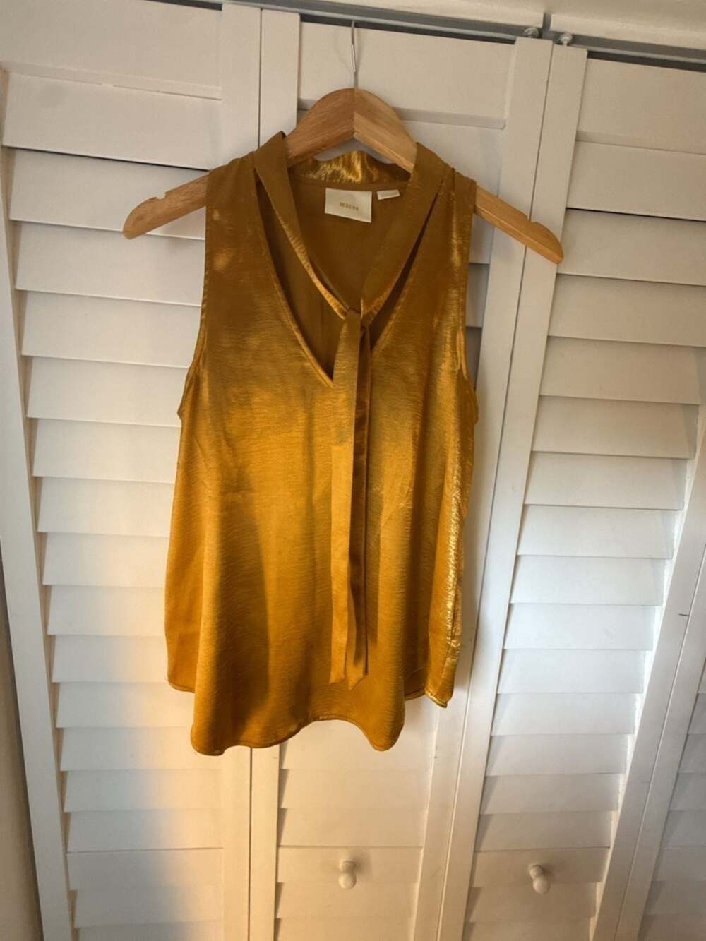 Maeve Anthropologie Gold Satin Tie-Neck Sleeveless Blouse